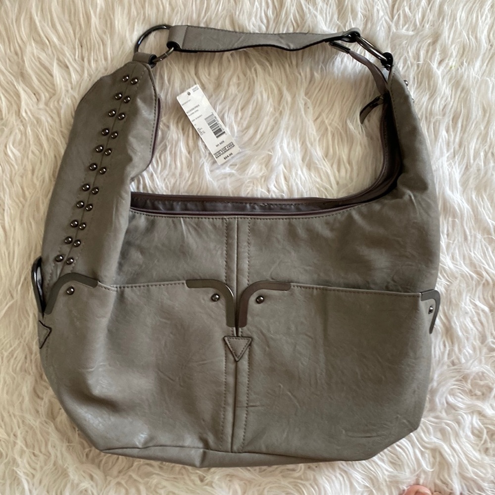 Gray purse with black onyx studs and trim.